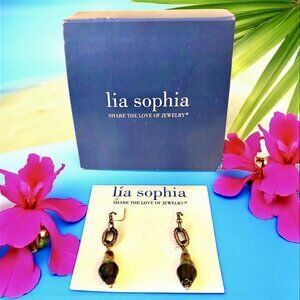 Lia Sophia Earrings Dangle Drop Hook Green Beads Copper Silvertone New in Box
